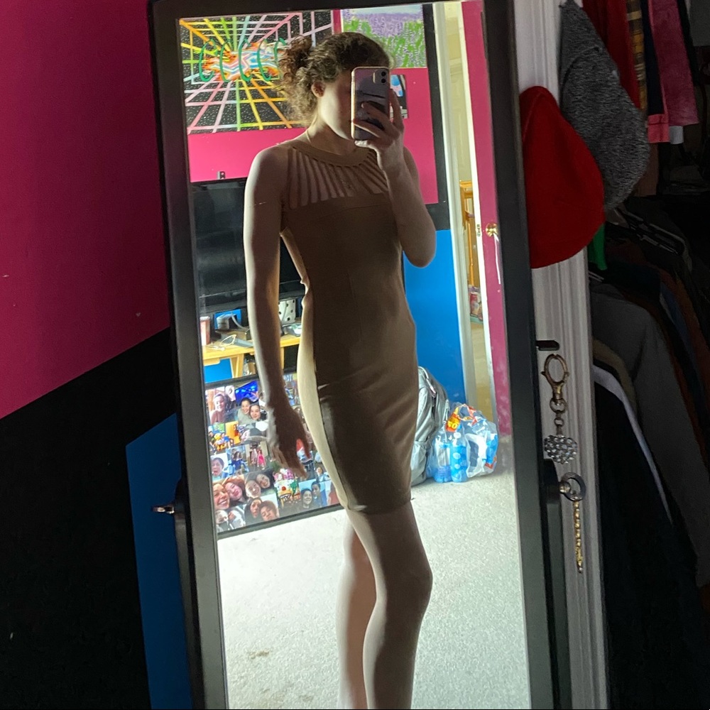 nude colored tight midi dress w cute neck line